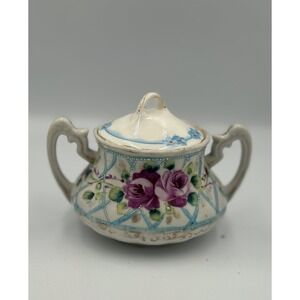 Vintage Porcelain Hand painted Floral Pink Blue Sugar Jar Double Handles Lid